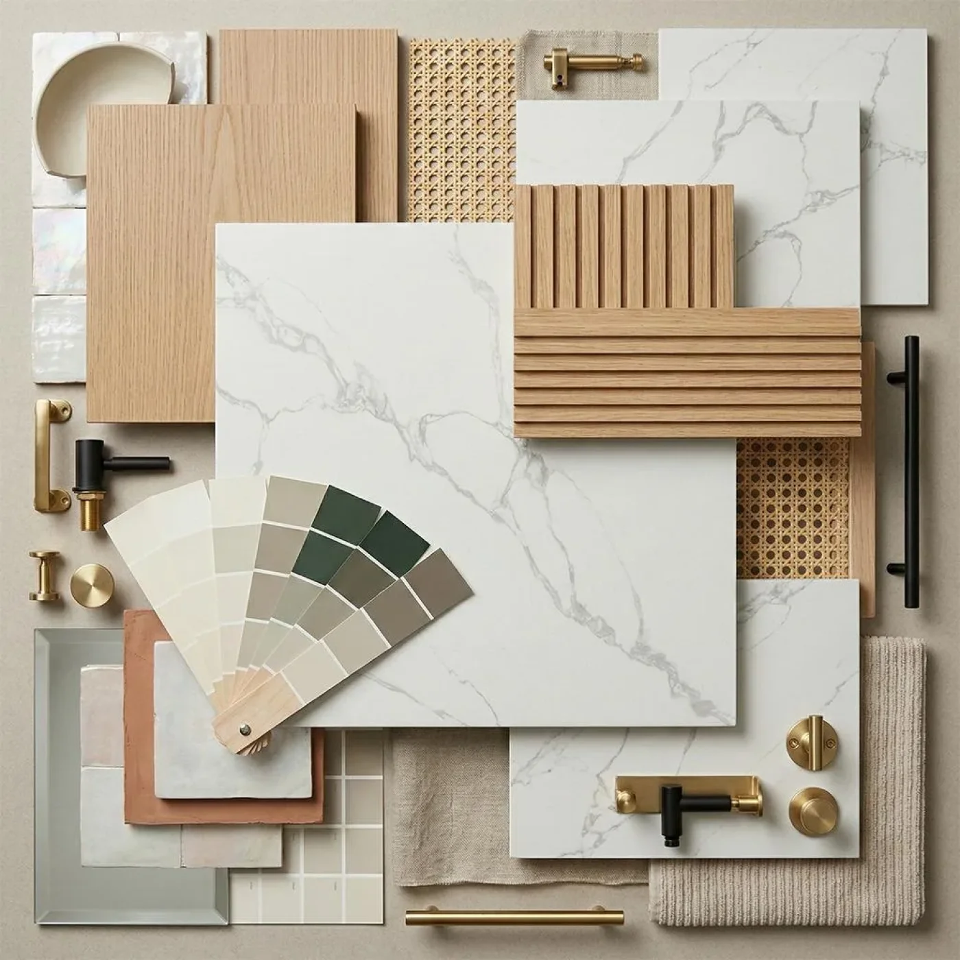 Flat lay of remodeling material samples: quartz, wood, tile, paint swatches and brass hardware