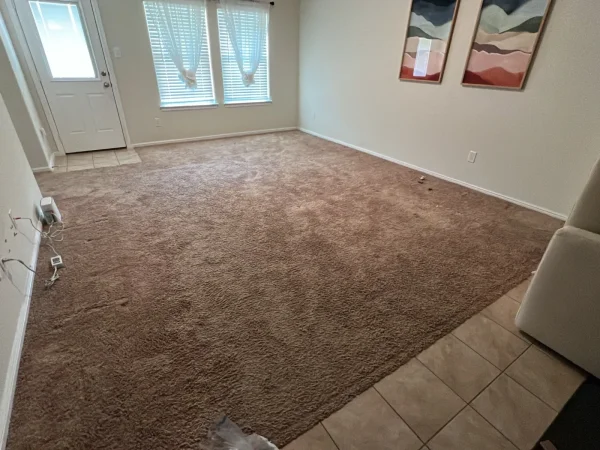 Before: living room with carpet and tile in Keller, TX