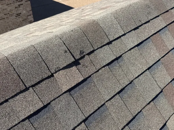Before: hail-damaged shingle along the ridge in Melissa, TX